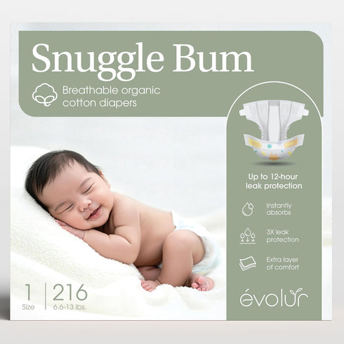Evolur Snuggle Bum Baby Diapers - Size 1, 216 Count, for Newborns