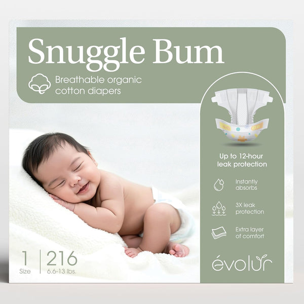 Evolur Snuggle Bum Baby Diapers - Size 1, 216 Count, for Newborns