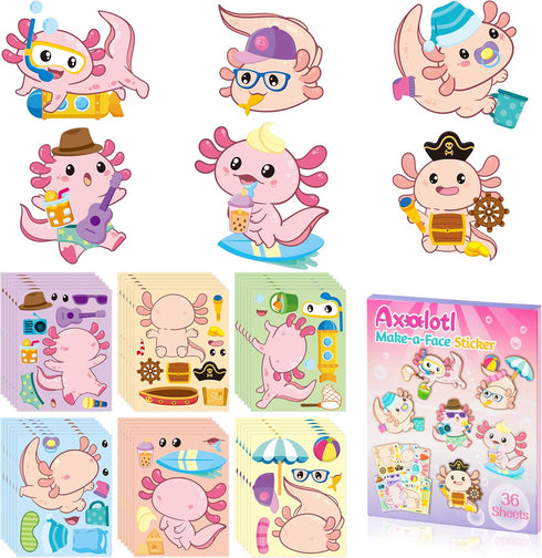 Axolotl Make a Face Sticker, 36Pcs Make Your Own Cute Axolotl Stickers for Kids Birthday Party Activity