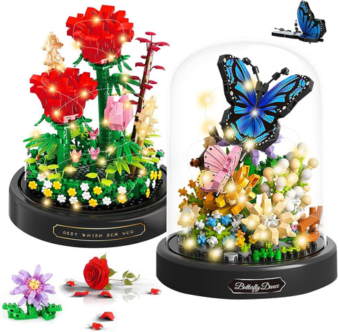 VZZNN 2 Pack Flower Bouquet Building Sets with LED Lighting,Animals Flowers Botanical