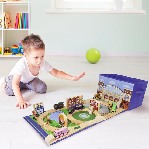 Train Storage Bin and Play Mat - Wooden Railway Take-Along Storage Box with Train Tracks Design - Two in One