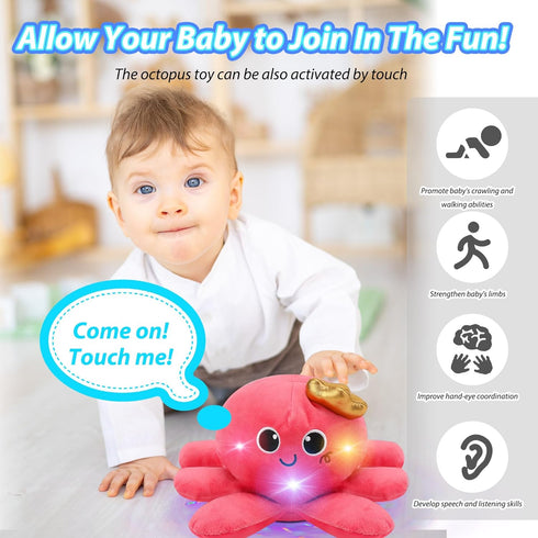 JoyyiKinddy 2-6 Tummy Musical Octopus Baby Toy - Crawling & Rotating Octopus Toy with Recording, Light-Up Voice