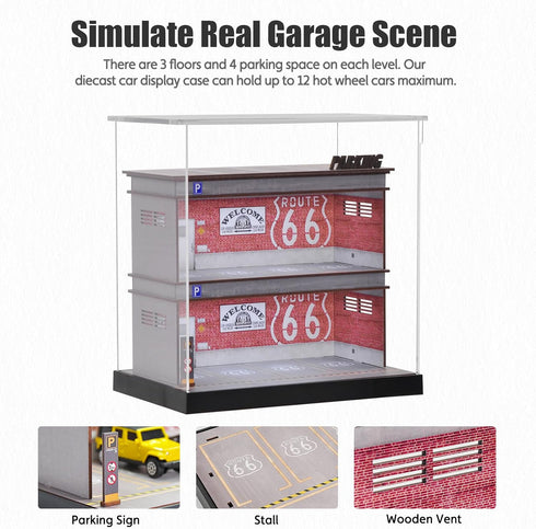 Display Case 1/64 Scale Diecast Parking Garage Model - 3-Tires with LED Light, 12 Parking Spaces, Full Acrylic Cover