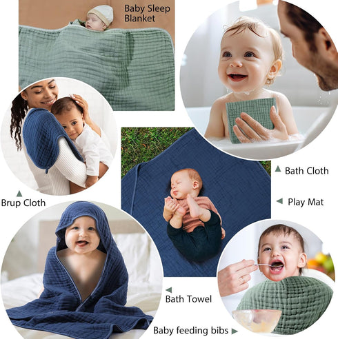 VitalCozy 6 (32 32 Inch,Green,Blue) Pcs Baby Muslin Hooded Bath Towels and Washcloths Muslin Cotton Hooded Baby Towels