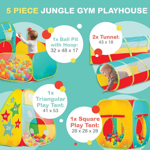 Kiddzery 5pc Playset Kids Play Tent for Toddlers, Toddler Jungle Gym with Ball Pit, Crawl Tunnel and Obstacle Course