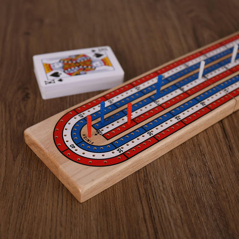 STERLING Games Folding Cribbage Board: 3 Track Wooden Board with Red White Blue Pegs for 3 Players