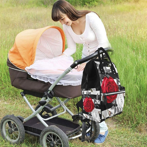 KLOPH Backpack Mommy Pack Diaper Bag Black White Stripes Red Rose Flowers Bag Multifunction Travel Maternity Baby