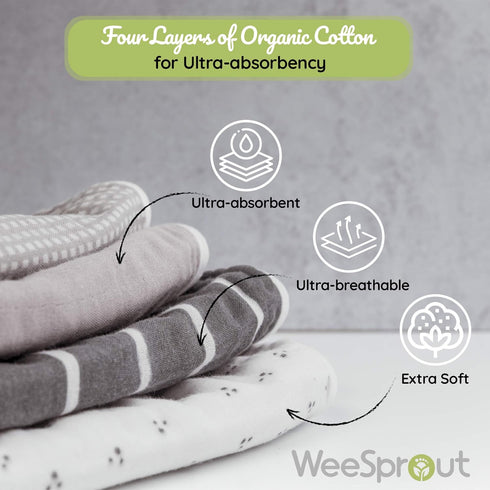 WeeSprout Unisex Organic Cotton Burp Cloths Set of 4, Ultra-Absorbent Layers, Button Transforms into Baby Bib, Machine