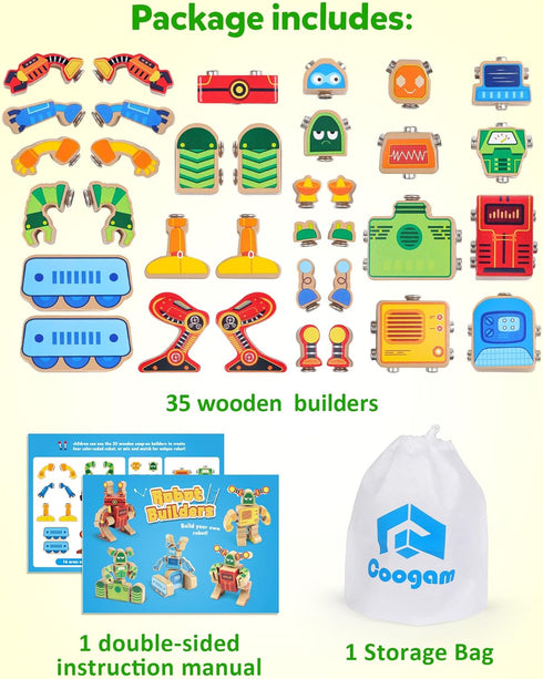 3 4 5 Playset, Coogam Fine Motor Building Robot Blocks for Years Old Kids, Wooden Snap Together Builders, STEM Take