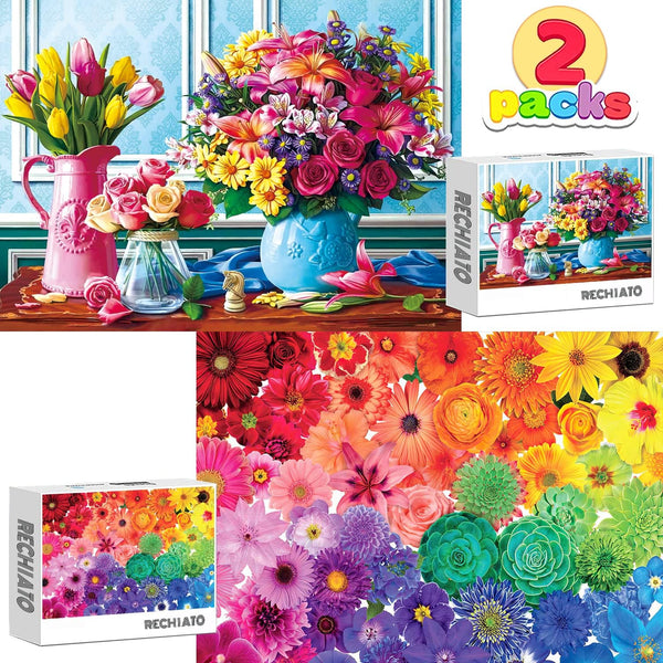 Jigsaw Puzzles for Adults, 2 Pack 1000 Pieces, Flower & Colorful Succulent Puzzles for MOM, Women & Men