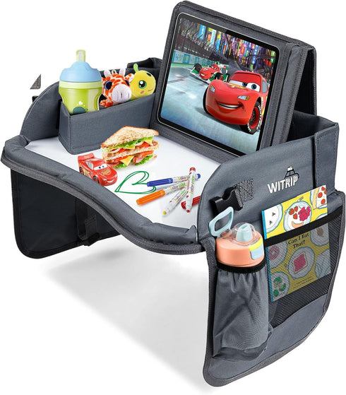 Kids Travel Tray with Dry Erase Board - Car Seat Tray for Kids Travel, Carseat Table Top for Toddler, Lap Desk for Car