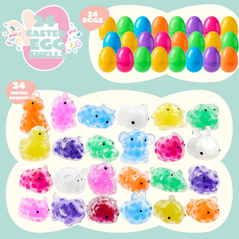 24 JOYIN Pcs Easter Prefilled Eggs with Mochi Squishy Toy, Squeeze Toy Fillers for Easter Egg Hunt, Basket Stuffers