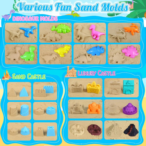 34Pcs Set 2 3-12 Beach Toys, Dinosaur Sand Toys for Kids Toddlers, Sandbox Toys with Collapsible Beach Bucket, Mesh