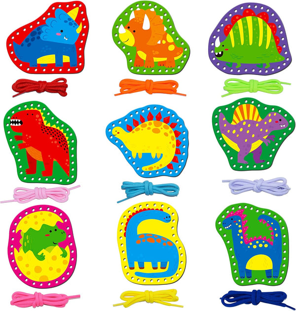 9 Pieces Kids Lacing Cards, Double Sided Sewing Cards with 9 Dinosaurs and Colorful Laces, Educational Activity