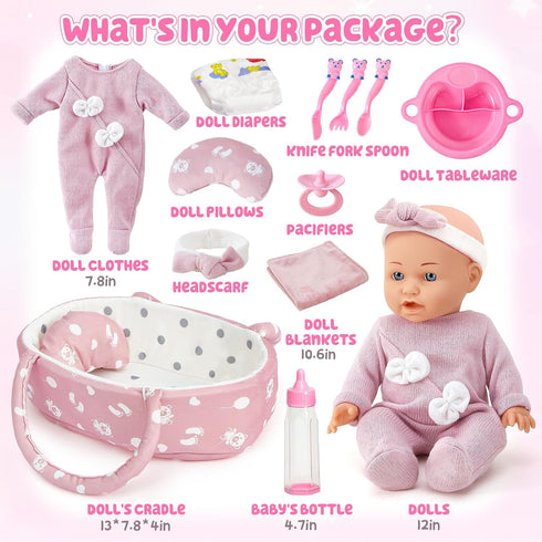 12" Set 13 3 4 5 6 Golray Soft Baby Doll with Accessories Bassinet Carrier, Pcs First Toddlers Realistic Baby Doll Crib