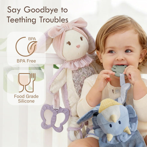Moonkie Baby Lovey with Silicone Teether, Dinosaur Security Blanket with Textured Ribbons, Crinkle Toys, Soft Minky