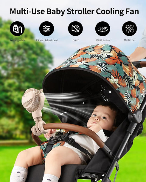 2000 Operated,3 Speed,360-Degree GOTOTO Baby Stroller Fan, Rechargeable Portable Fan with mAh Battery Wind