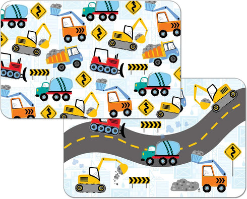 Pousutong First Dawn Wipe-Clean Hello Little One Reversible Decofoam Placemats, Kids Construction Trucks,