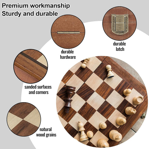 2 1 Set Set in Wooden Chess and Checkers - Folding Magnetic Chess Board with Storage Slots, Chess Pieces, Portable