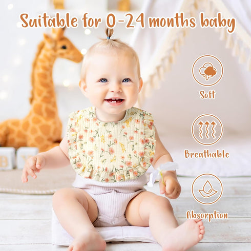5Pcs Zainpe Snap Muslin Cotton Baby Drooling Bibs with Flounce Lace Absorbent Layers Soft Burp Cloths for Infant