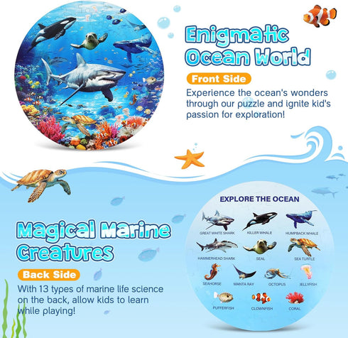 Underwater World Floor Puzzle for Kids Ages 4-8, 70 Pcs Large Round Jigsaw, Educational Toys with Gift Box