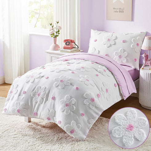 Toddler Bedding Set for Girls 4-Piece Purple Boho Tufted Daisy Flowers Toddler