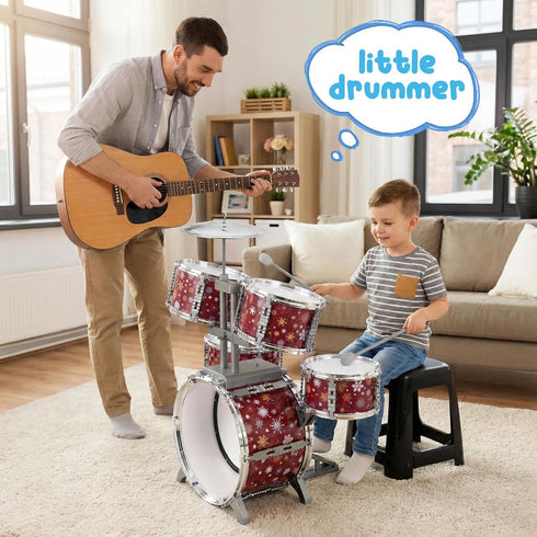 Set 3-5 4-6 5-7 Kids Drum for Toddlers Musical Jazz Drum with Stool Toys for Boys Girls Birthday, Red