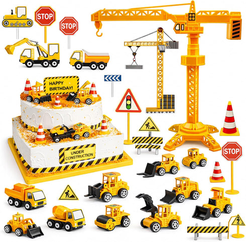 HERCOCCI 25Pcs Construction Cake Topper, Excavator Tower Cupcake Topper Bulldozer Backhoe Traffic