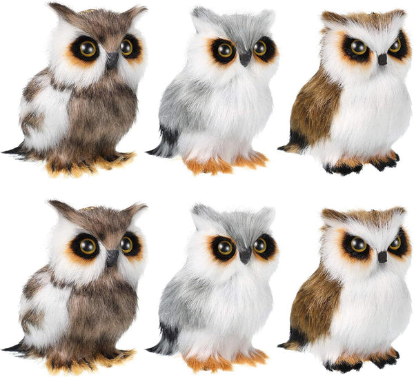 Mini Owl Plush Toy - 6 Pieces, 3.2 Inch Christmas Hanging Ornaments, Woodland Gray White