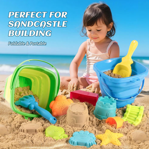 Aimlovs Set 4 Set 3-10(Blue&Green) Collapsible Beach Toys for Kids,Sand Bucket Shovel, Rake, Mesh Bag Molds & Castle