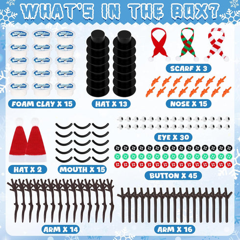 15 Pack Christmas Crafts Supplies, DIY Snowman Making Kit for Children, Christmas Stocking Stuffers, Air Dry Snowman
