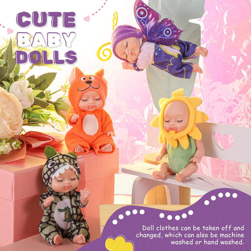 Hanaive 4 Pcs 4 Inch Mini Baby Dolls, Lifelike Realistic Tiny Babies Gifts for Kids Birthday
