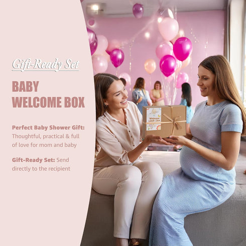 Set 5-Piece Baby Girl Gift - Baby Girl Shower Gifts with Muslin Swaddle Blanket, Wooden Teether, Headbands & Hello
