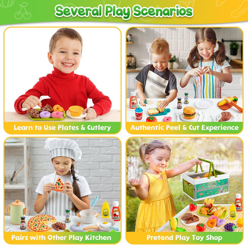 78Pc Pretend Play Food for Kids Kitchen, Cutting Toy Food with Storage Basket, Play Kitchen Accessories, Food Toys