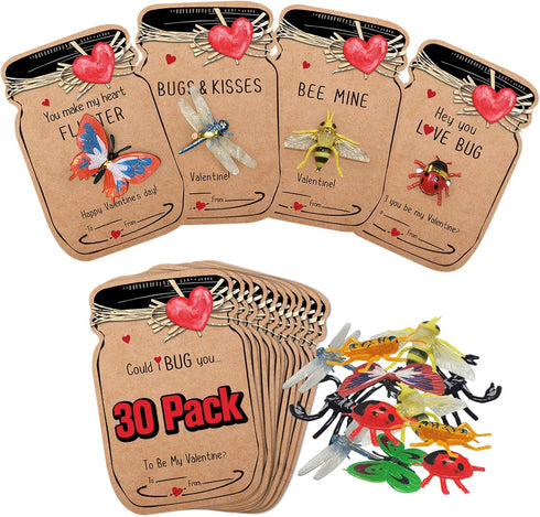Valentines Day Gifts for Kids - 30 Pack Love Bug Card Bulk, Funny Greeting Valentine Exchange Cards for School