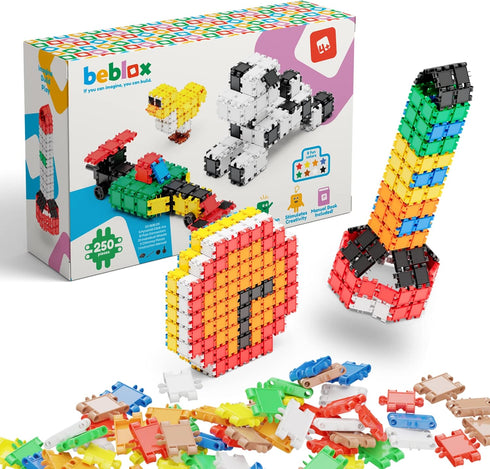 Beblox Building Blocks for Kids - 250-Piece Connecting Tiles Set - Interlocking