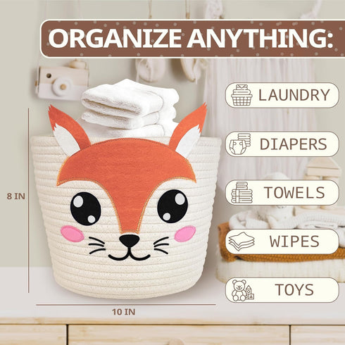 10x8" Squirrel Cotton Rope Baby Laundry Basket for Boys & Girls, Woodland Nursery Decor, Nursery Storage Basket