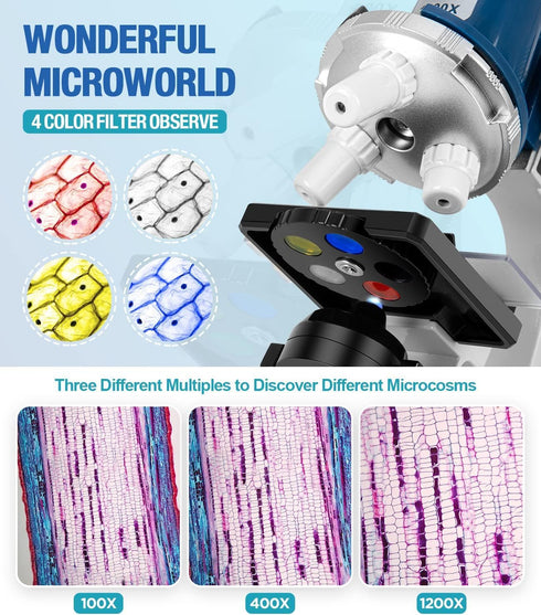 58-Piece Kids Microscope Kit - 100X-1200X Magnification with LED Light and Carrying Box for Ages 5-12