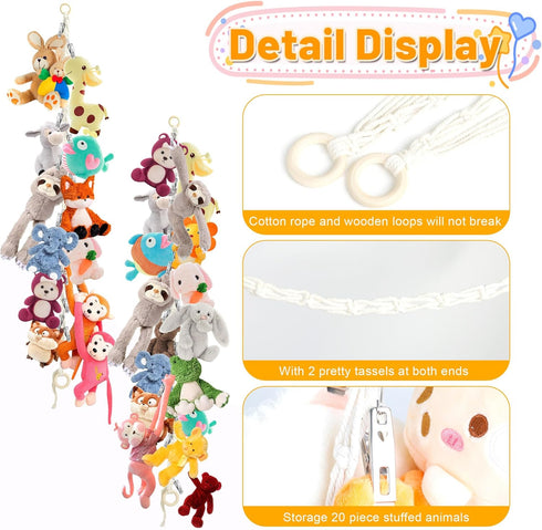 2pcs Stuffed Animal Storage Chain - Boho Stuffed Animal Hammock with 40pcs Metal Clips, Hanging Storage for Kids