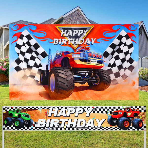Tatuo Truck Party Decorations Supplies, Photography Background 5 x 3 Feet, Happy Birthday Banner 6 x 1 Feet for Kids