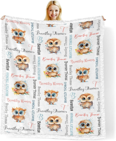 Novusopt Customized Owl Baby Blanket with Name Sherpa Blanket Personalized Owl Nursery Baby