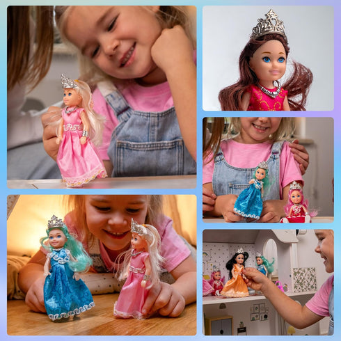 TOMLEON Playset 6 Set 3+ Princess Dolls Mini Princess Dolls with Colorful Gowns, Crowns & Jewelry Fantasy Role Play