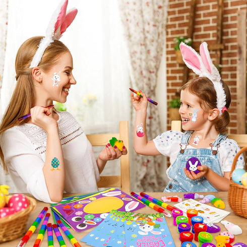 72 Set Cinrobiye Pcs Easter Party Favors Easter Basket Stuffers with Coloring Books Stacking Crayons Tattoos Stampers