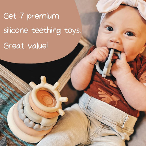 Moonkie Stacks of Circles Soft Teething Toy, Educational Learning Baby Toy, 7 Piece Teethers Set
