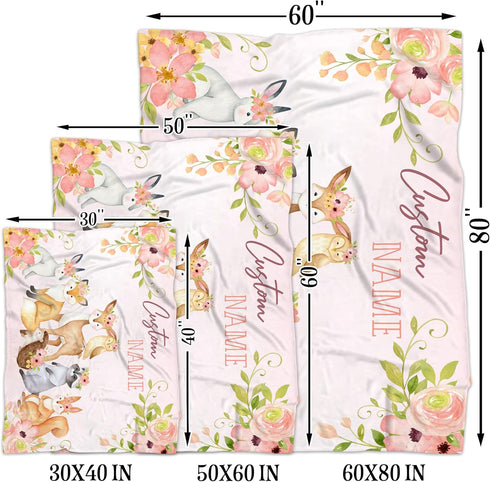 Personalized Woodland Animals Baby Blanket, Custom Floral Deer, Fox, Bunny Baby Girl Nursery Blanket, Floral Woodland