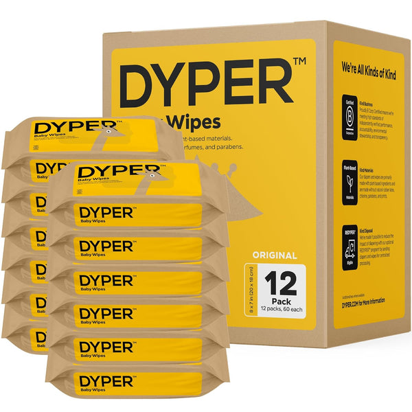 DYPER Baby Wipes, 99% Water, 100% Plant-Based, Hypoallergenic for Sensitive Skin, Fragrance Free, 12 Pack
