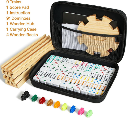 12 Set 4 91 9 ELONGDI Mexican Train Double Dominoes with Wooden Trays/Racks in Portable Carrying Case Colorful Tiles