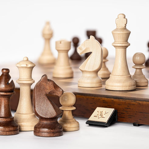 15" Set, 3" 2 Set A&A Magnetic Wooden Chess Handmade King Height Staunton Chess Pieces with Extra Queens, Folding
