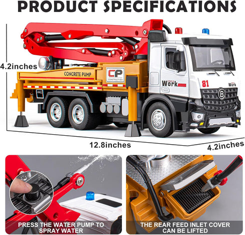 Concrete Pump Truck Toy, Diecast Construction Trucks with Working Water Pump, Lights and Sounds for Kids