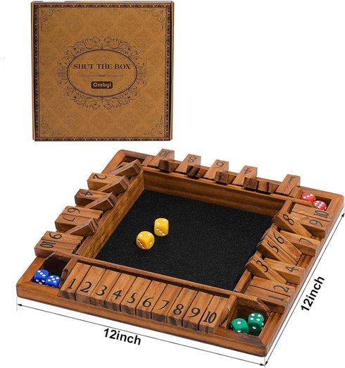 1-4 10 (12 Inches) Crobyi Shut The Box Game Wooden for PlayersEducational & Fun Wooden Board Game with Dice